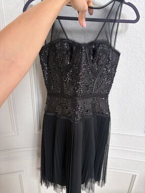 BCBGMaxAzria Black Sequin Mesh Pleated Mini Dress